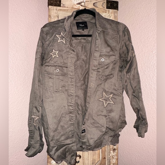 Rails frayed & in vintage wrinkled army green embroidered button up - Picture 1 of 3